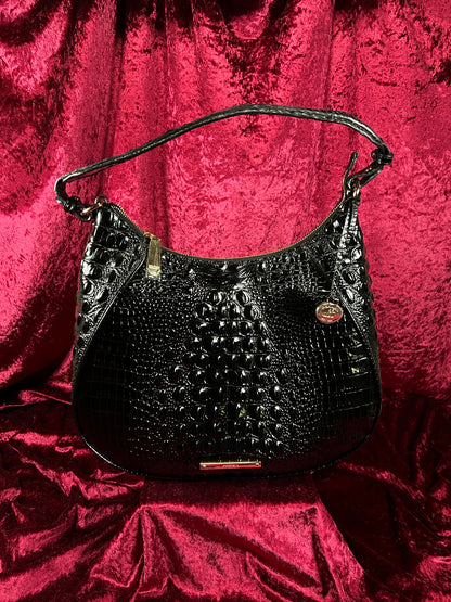 Vintage Brahmin Black Melbourne Leather Hobo Bag - Croc Embossed Shoulder Purse