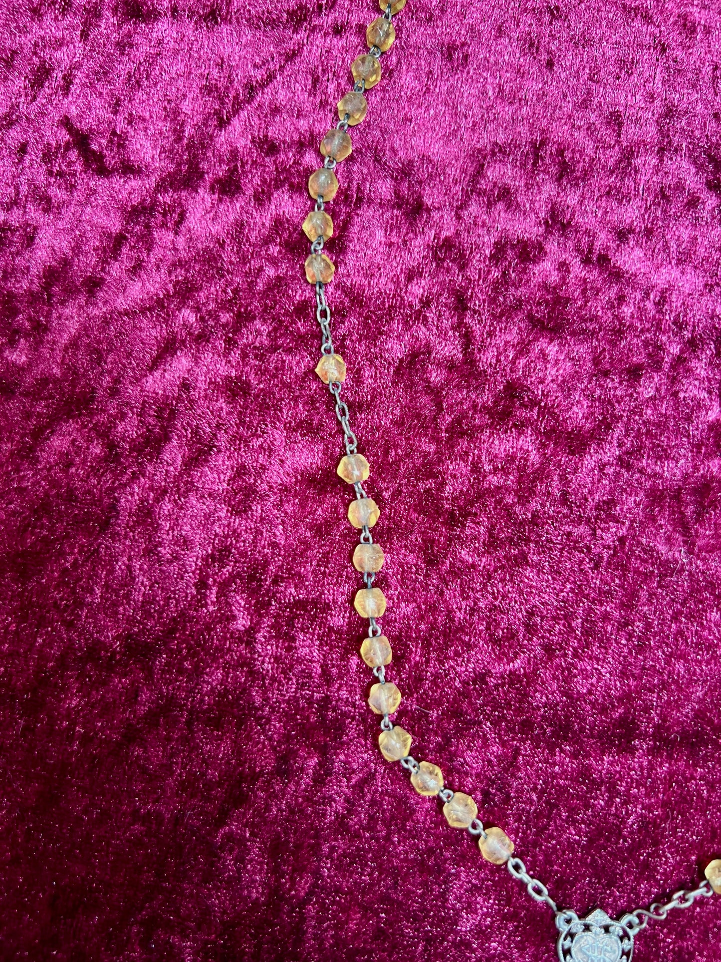 Vintage Jewelry - Rosary Beads - Faceted Amber Beads - Silver Tone Cross - 13.75"