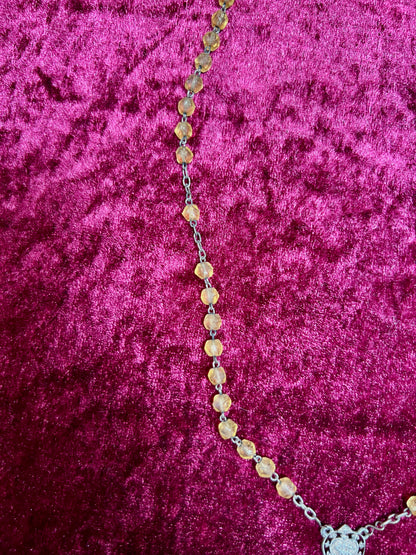 Vintage Jewelry - Rosary Beads - Faceted Amber Beads - Silver Tone Cross - 13.75"