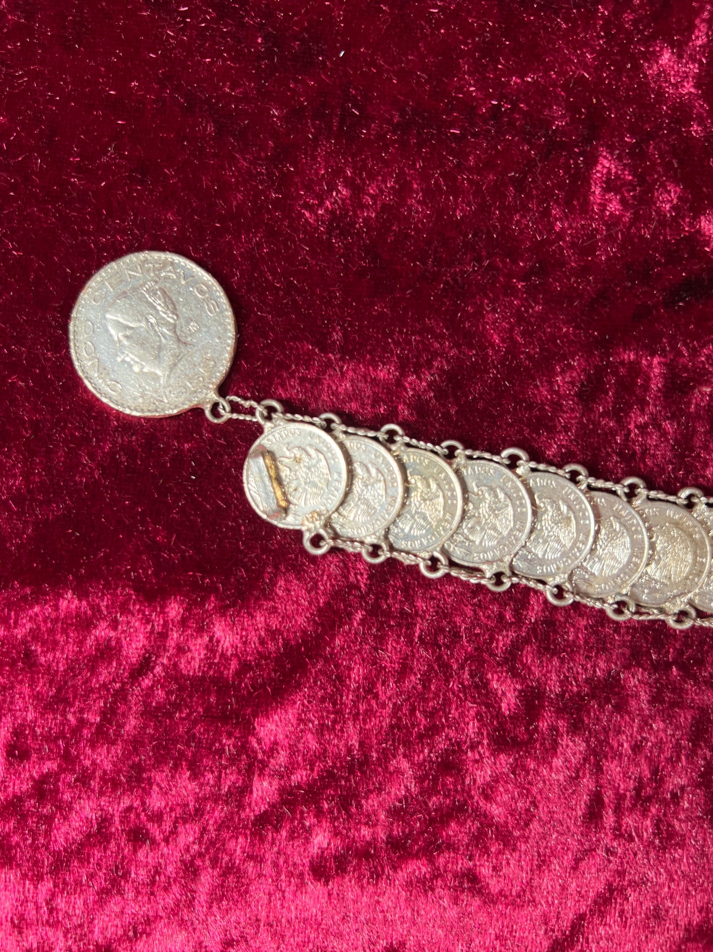 Vintage Jewelry - Coin Bracelet - Silver - Mexican Centavos - 7"