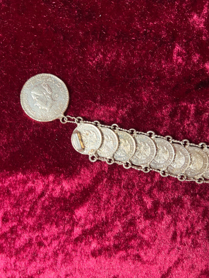 Vintage Jewelry - Coin Bracelet - Silver - Mexican Centavos - 7"