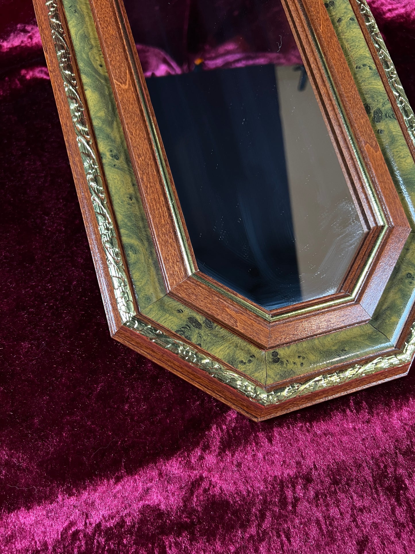 Vintage Wood Wall Mirror - Octagonal Faux Burlwood Accent Frame