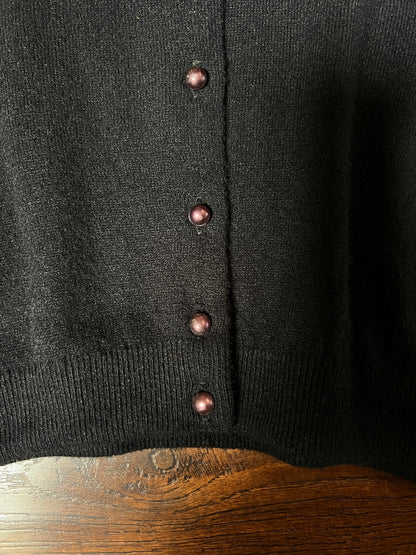 Vintage 1960s Knit Cardigan - Black Sheer Illusion Sequin Yoke with Metal Buttons - Size Medium