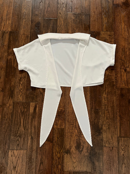 Vintage White Tie Front Shrug Crop Top - Collared Short Sleeve Bolero