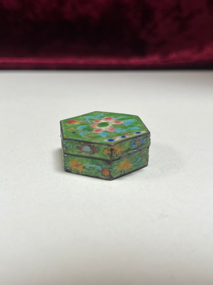 Vintage Trinket Box - Copper Cloisonne Enamel Pill Box - Bright Green Floral Design - Made in China