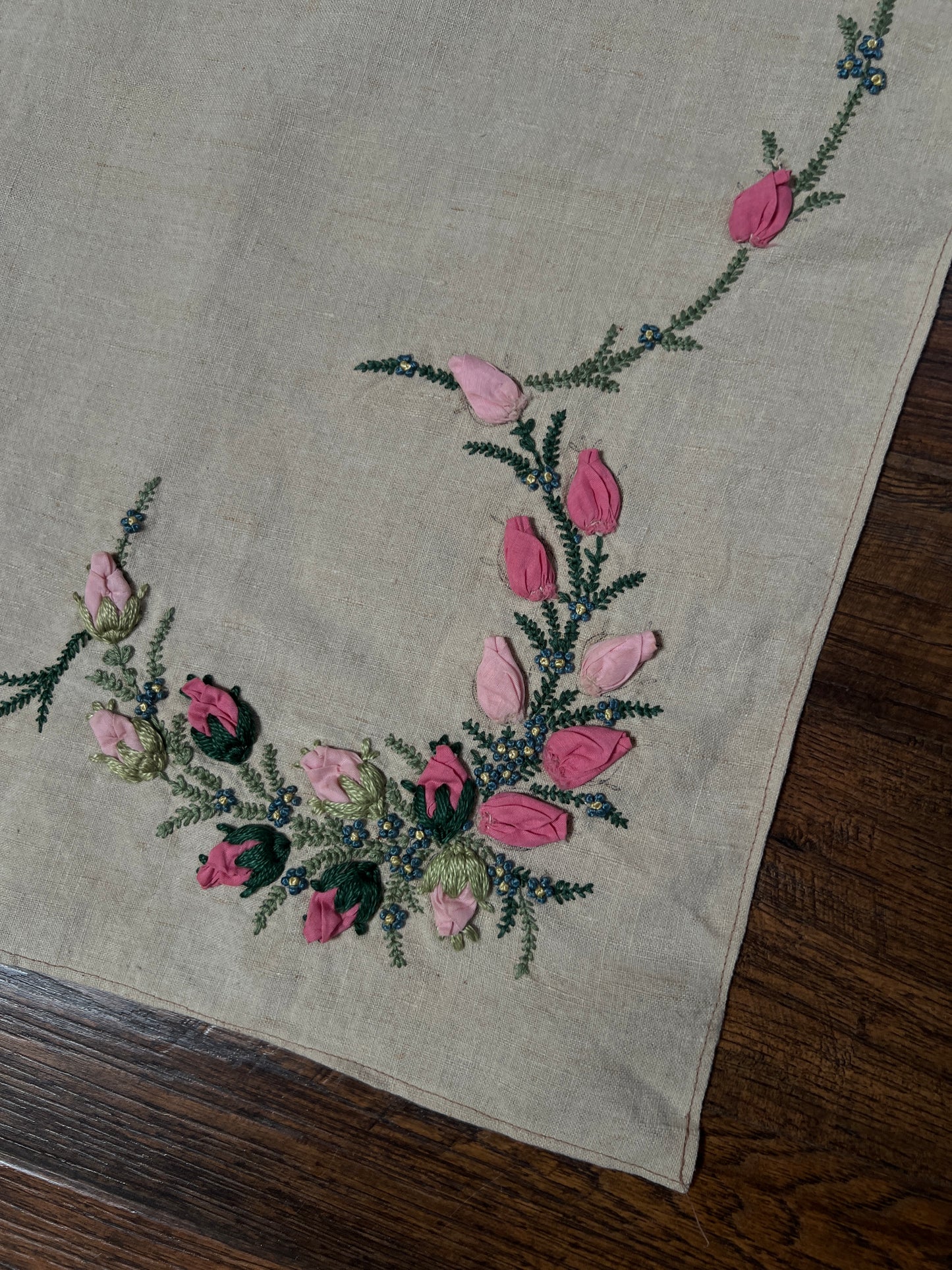 Vintage Rectangular Linen Table Runner - Hand Embroidered Puffy Pink Rosebud Vine