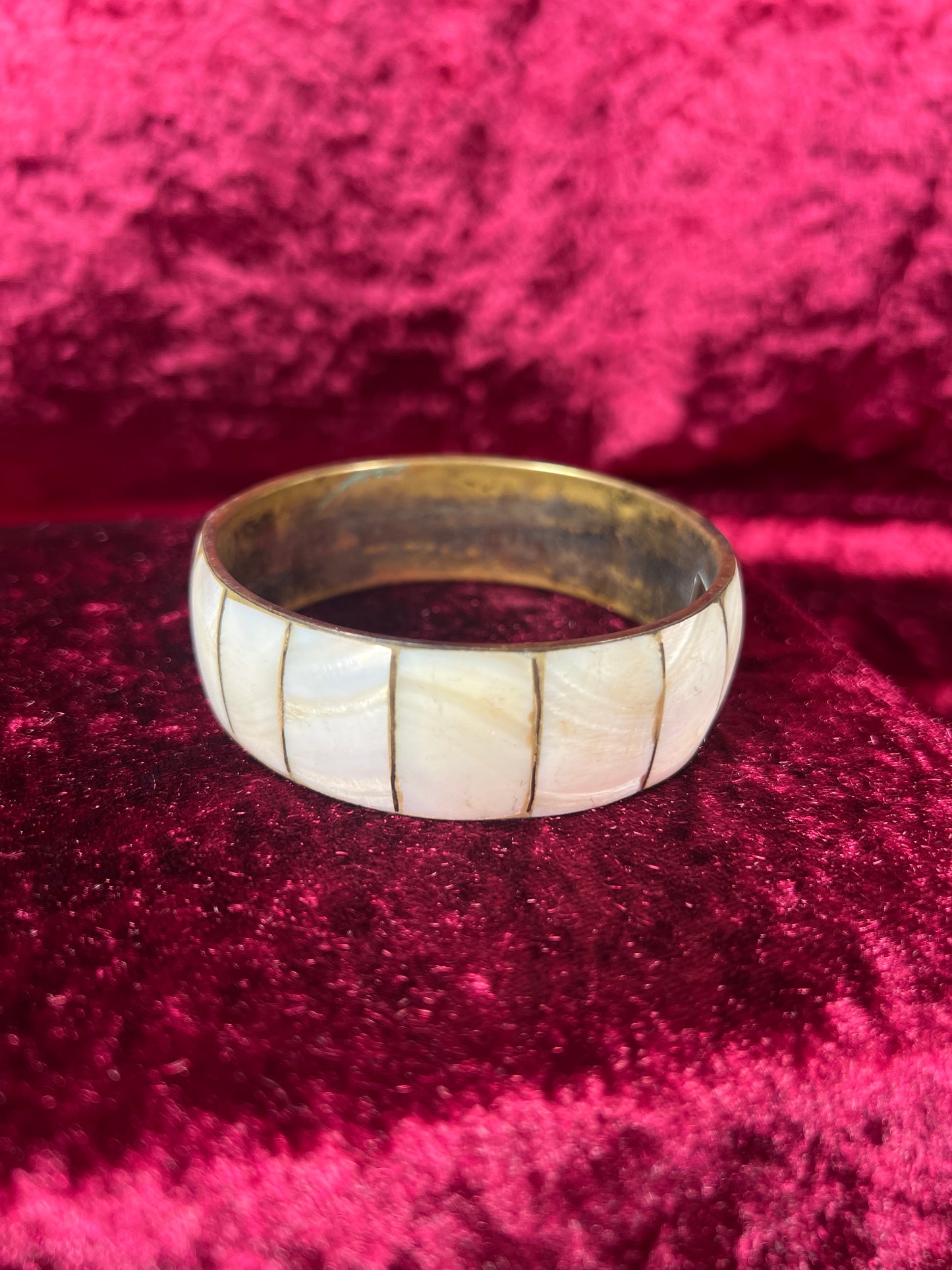 Vintage Jewelry - Cuff Bracelet - Brass - Oyster Shell Inlay - Made In India