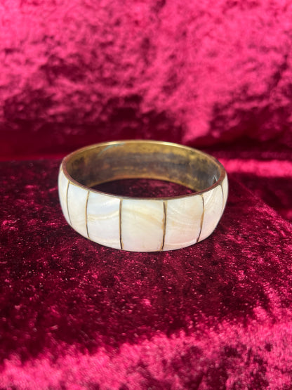 Vintage Jewelry - Cuff Bracelet - Brass - Oyster Shell Inlay - Made In India