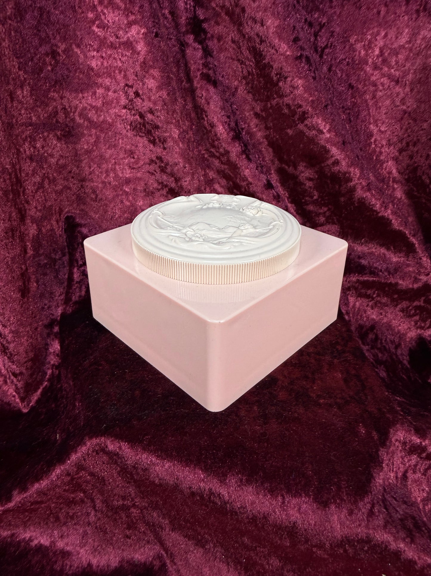 Vintage Vanity - Pink Plastic Powder Box – Art Nouveau Lady Reclining Lid - Evyan