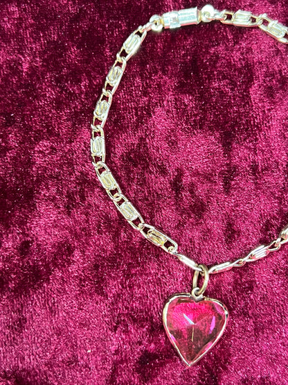 Vintage Jewelry - Bracelet - Gold Tone Metal - Pink Heart Pendant - Germany