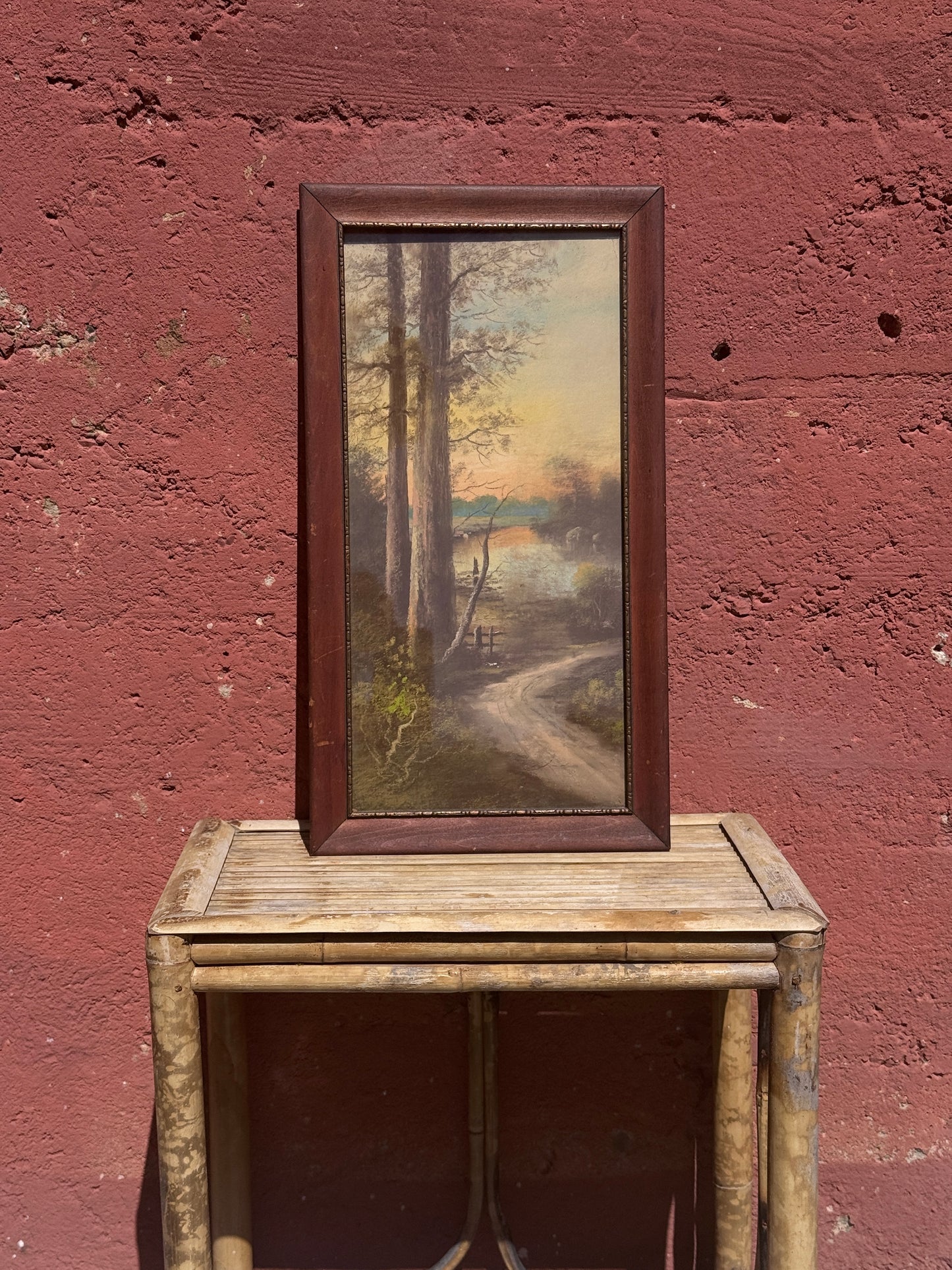 Antique Framed Chalk Pastel Landscape – Signed Woodland Lake Sunset