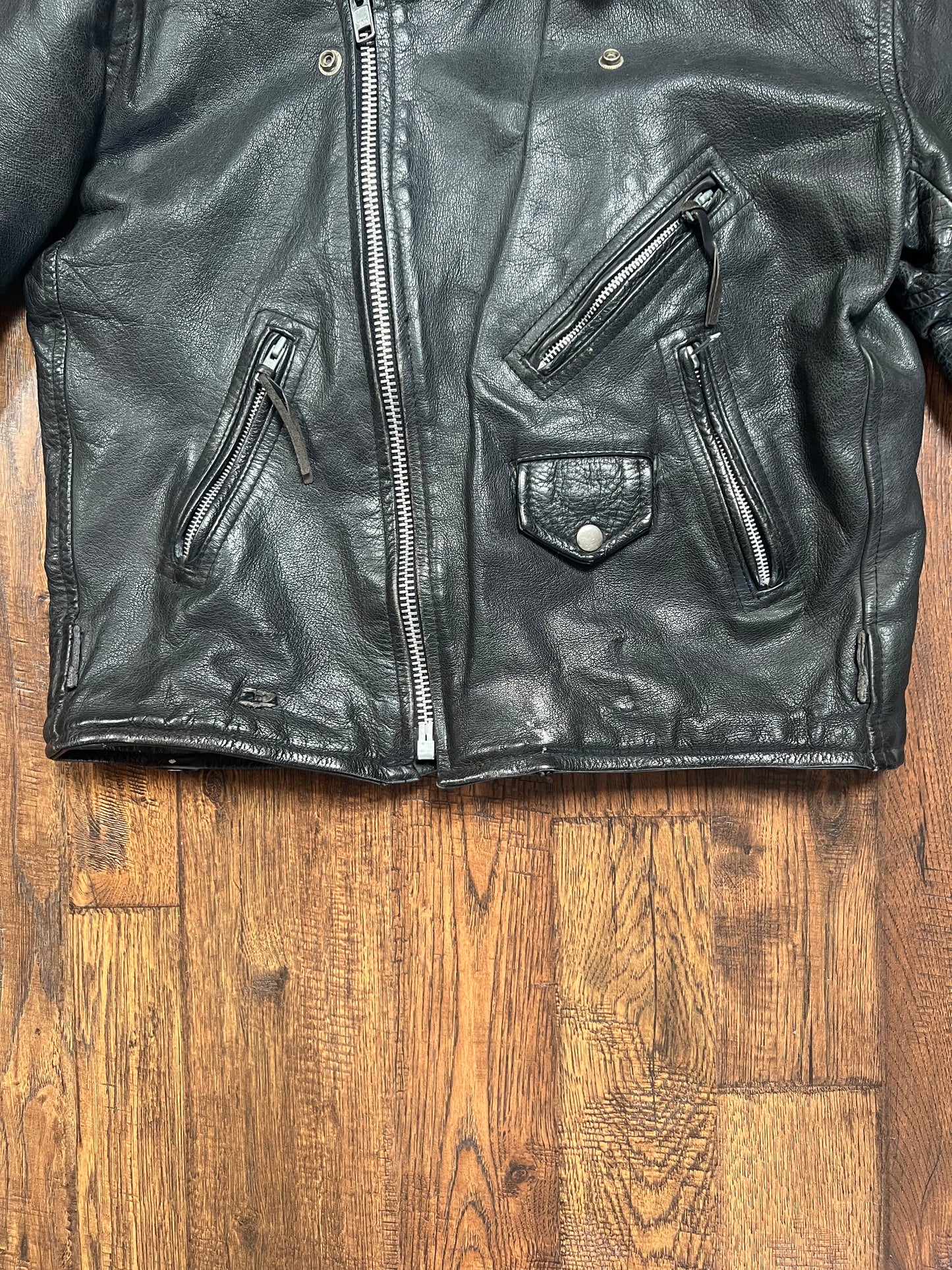 Vintage Clothing - Biker Jacket - First Genuine Leather - Black with Silver Hardware - Large