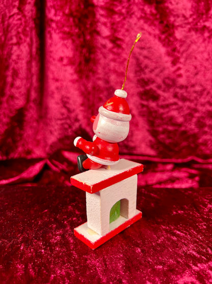 Vintage Christmas - Hand Painted Wood Ornament - Santa Claus Sitting On The Fireplace Mantle