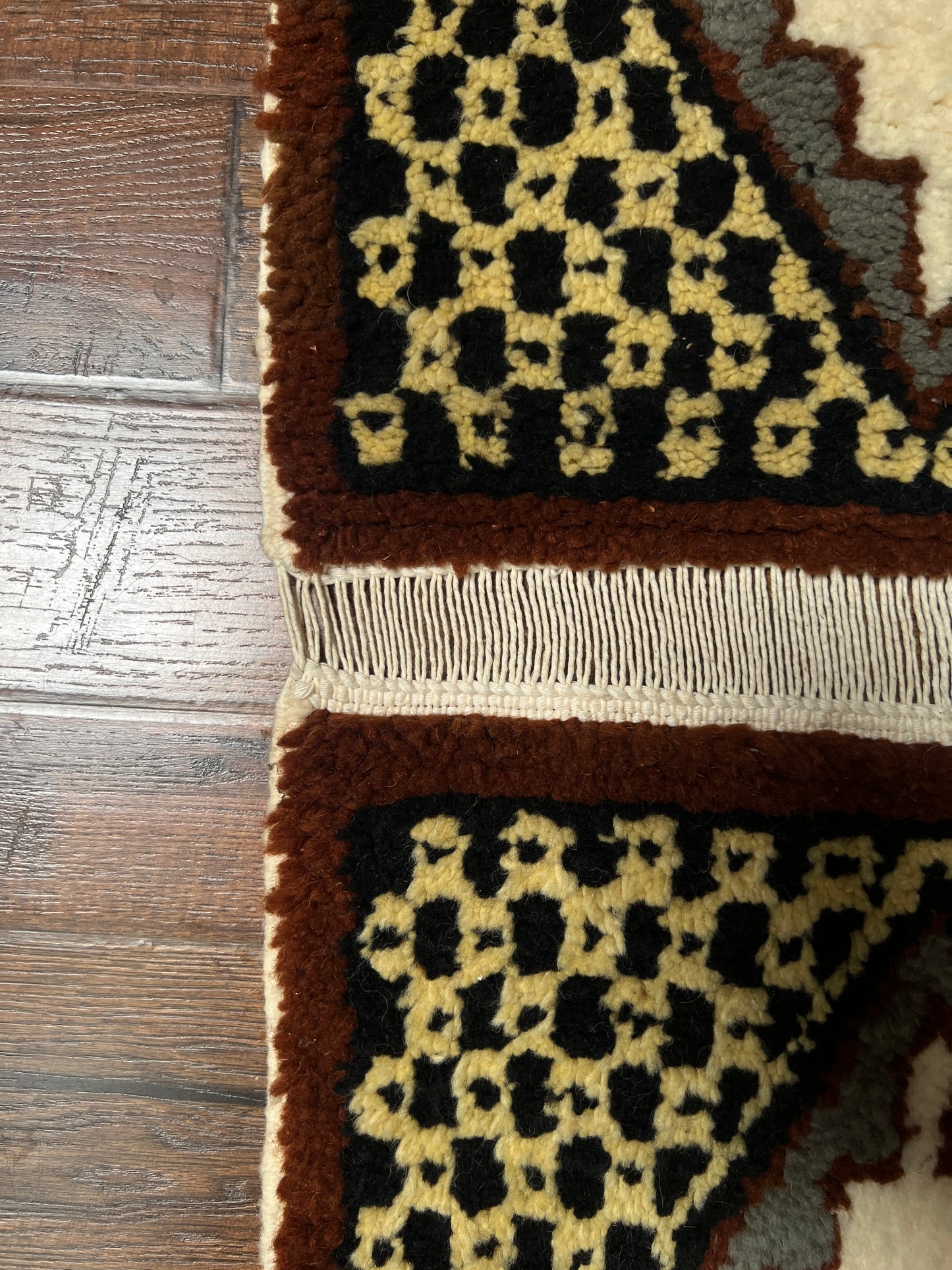 Vintage Wool Wall Hanging Crewel – Geometric Double Panel Tapestry with Fringe