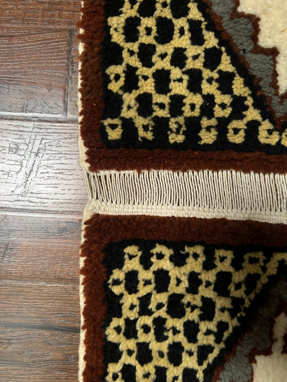 Vintage Wool Wall Hanging Crewel – Geometric Double Panel Tapestry with Fringe