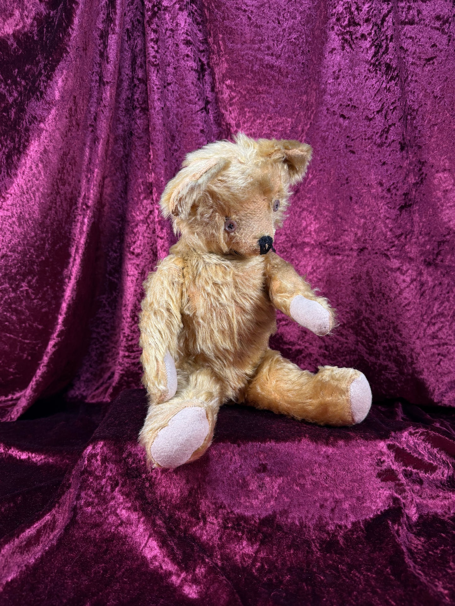 Antique Jointed Mohair Teddy Bear – Golden Yellow with Button Eyes - 17.5"