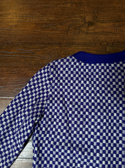 Vintage Acrylic Cardigan - Purple White Checkered Knit Button Front Sweater - Small