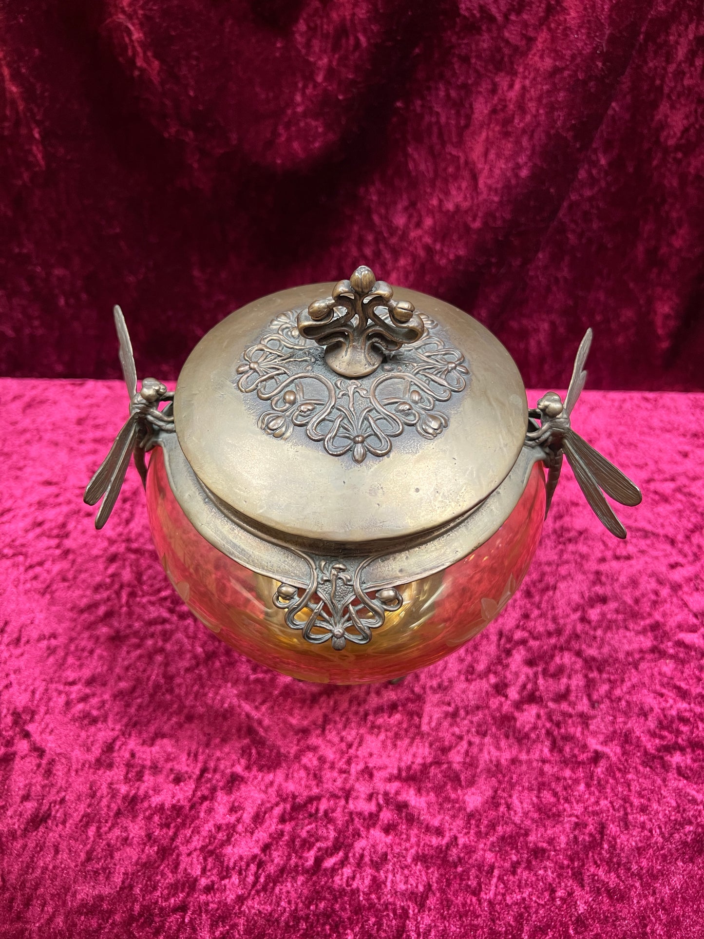 Vintage Oddities - Antique Art Nouveau Opium Jar - Etched Amber Glass - Castilian Poland