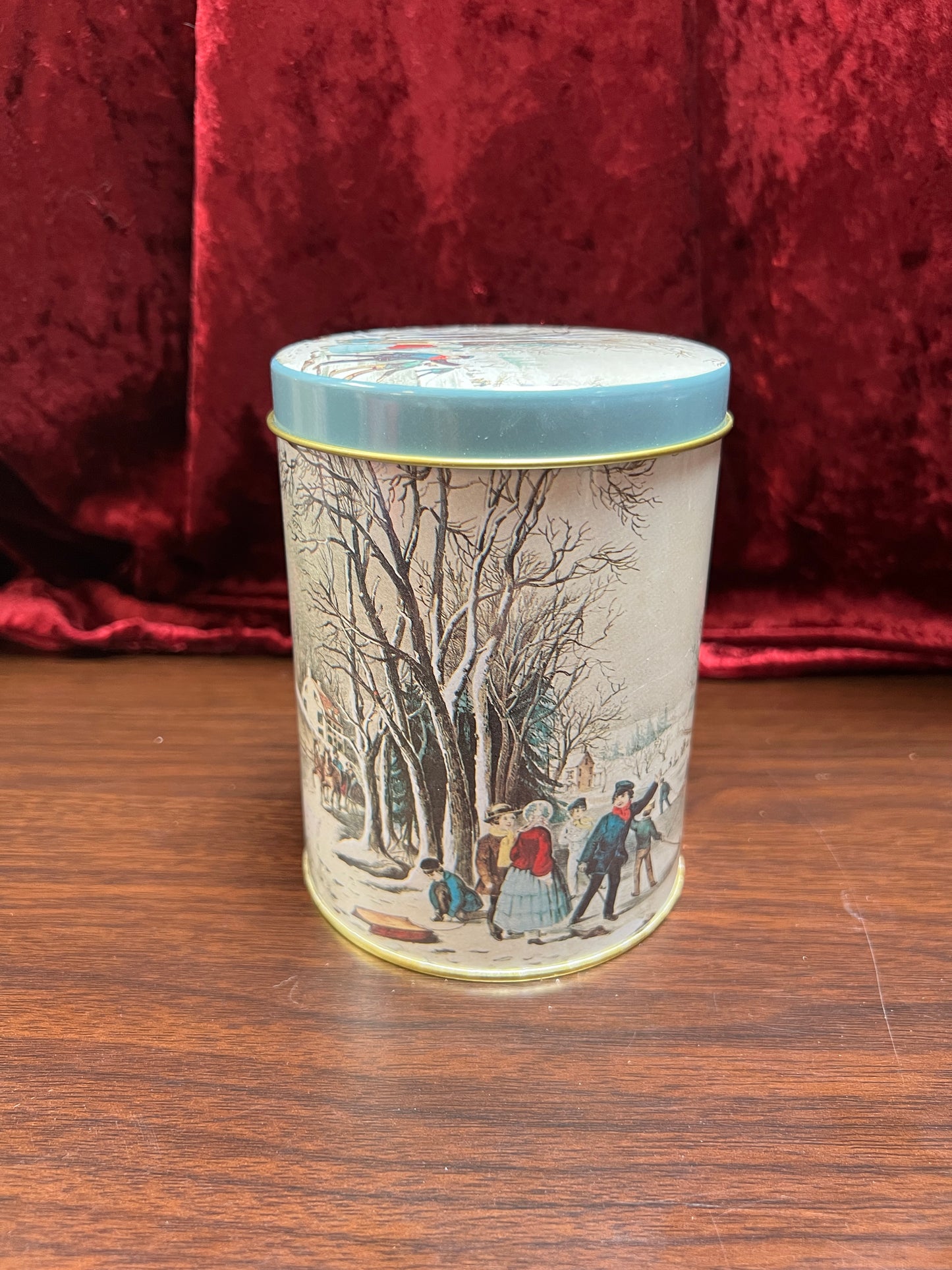 Vintage Christmas - Metal Nesting Tin Canister Set - Old New England Winter Scene - Made In Taiwan R.O.C.