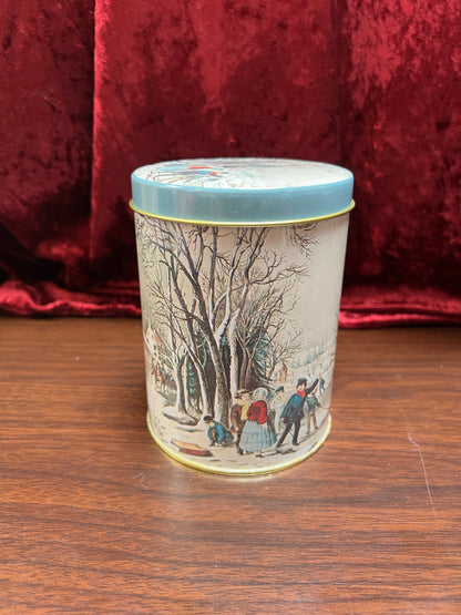 Vintage Christmas - Metal Nesting Tin Canister Set - Old New England Winter Scene - Made In Taiwan R.O.C.