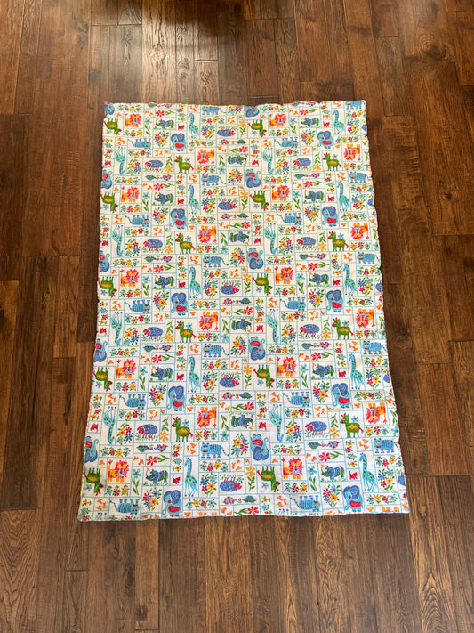 Vintage Linens - 1970s Baby Blanket Quilt - Animal Print Synthetic Fleece