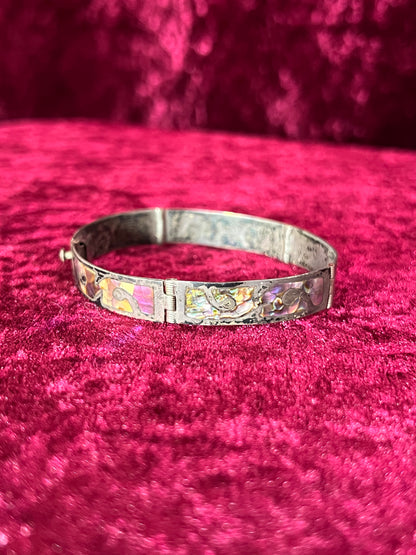 Vintage Jewelry - Bangle Bracelet - Sterling Silver - Inlaid Abalone Shell Panels - Mexico