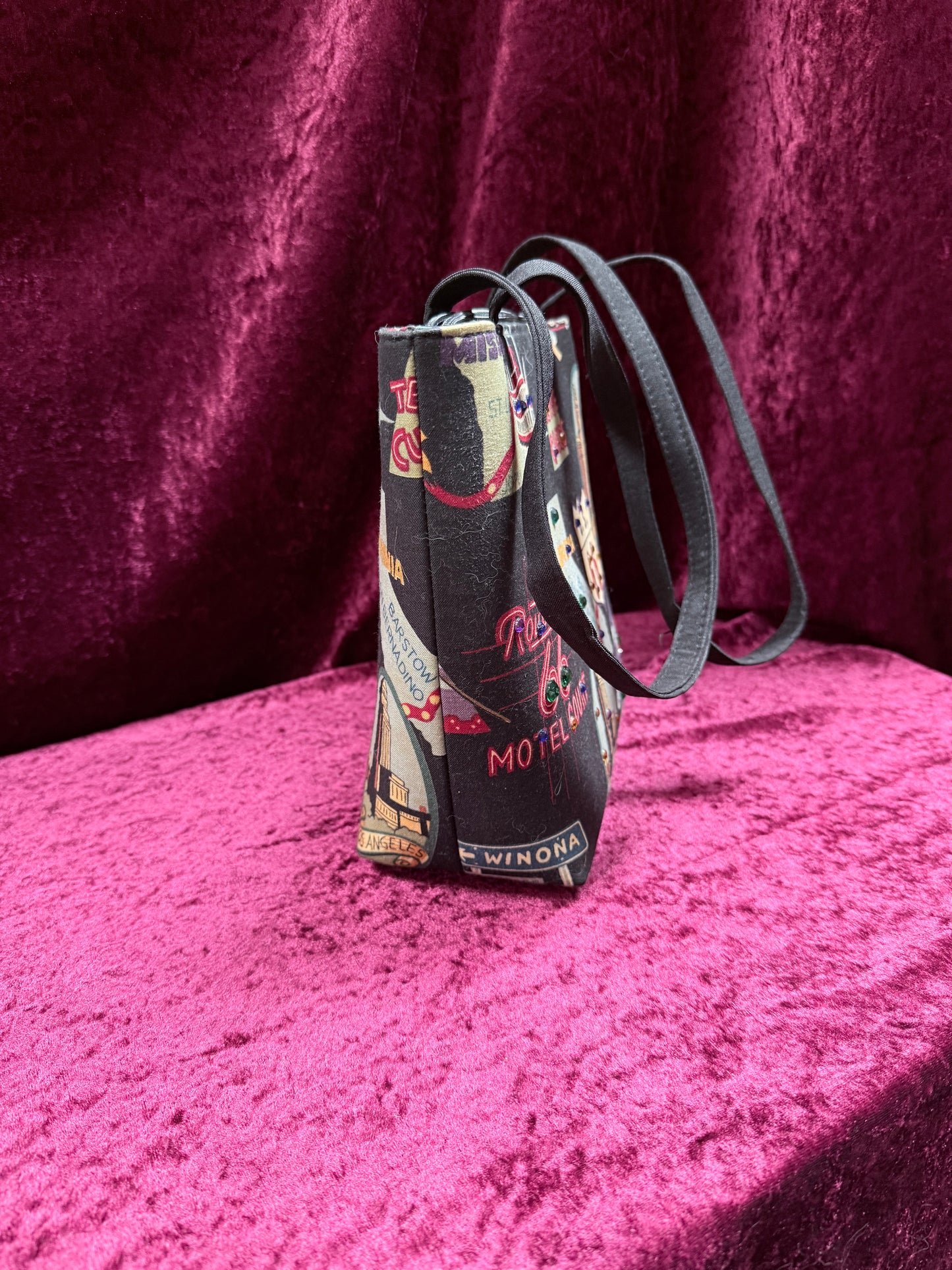 Vintage Y2K Route 66 Shoulder Bag – Rhinestone Road Trip Print