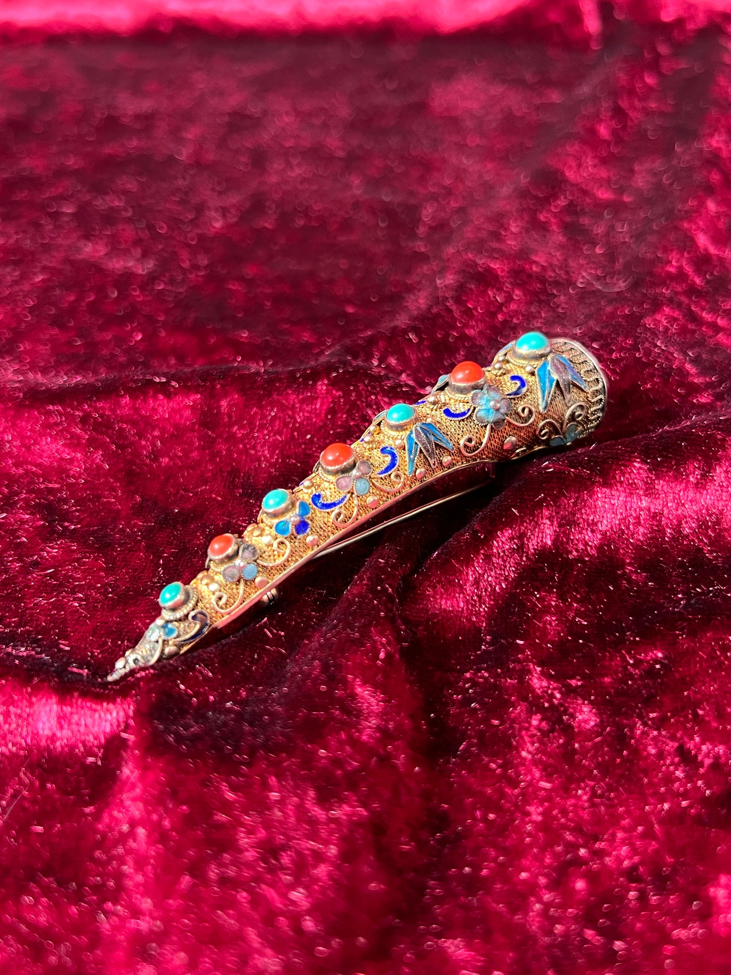 Antique Jewelry - Brooch - Chinese Finger Nail Guard - Plated Sterling Silver, Turquoise, Coral, and Enamel