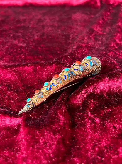 Antique Jewelry - Brooch - Chinese Finger Nail Guard - Plated Sterling Silver, Turquoise, Coral, and Enamel