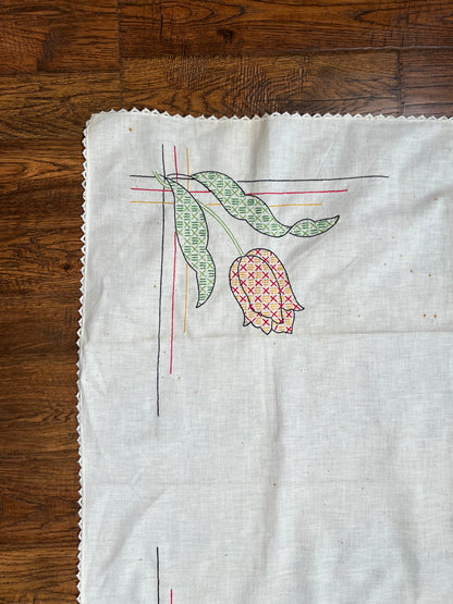 Vintage Linens - Square Tablecloth and Napkin Set - Embroidered Red Tulips
