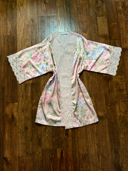 Vintage Silky Nightgown and Robe Lingerie Set - Pink Floral Print Peignoir Ensemble - Val Mode