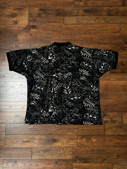 Vintage 1990s Chaps Ralph Lauren Cotton Polo Shirt – Black Tropical Print – X-Large