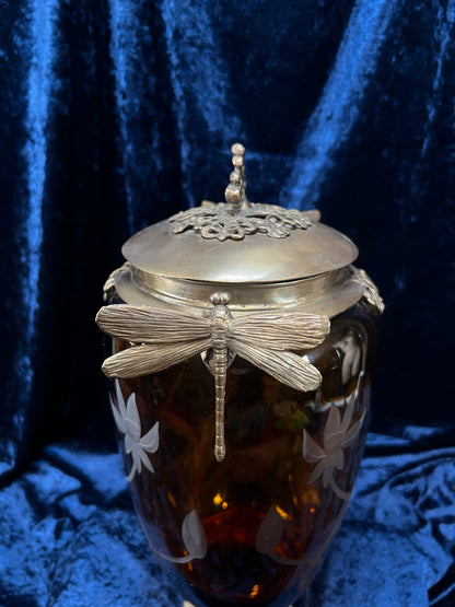 Vintage Art Nouveau Revival Opium Jar - Etched Poppies on Amber Glass - Castilian Poland