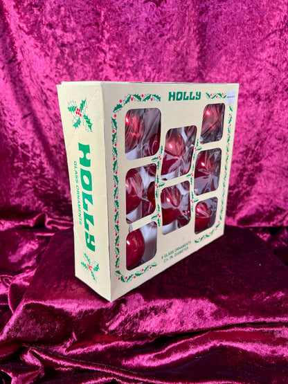Vintage Christmas - Glass Ornament Set - Solid Red - Holly - Made In USA