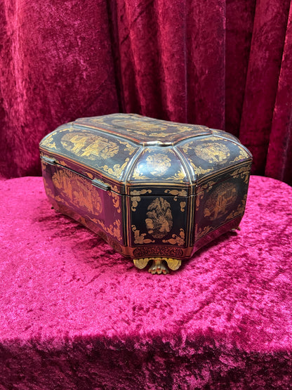 Antique Sewing Kit - Black Lacquer Ladies Work Box - Octagonal 19th Century Asian Chinoiserie