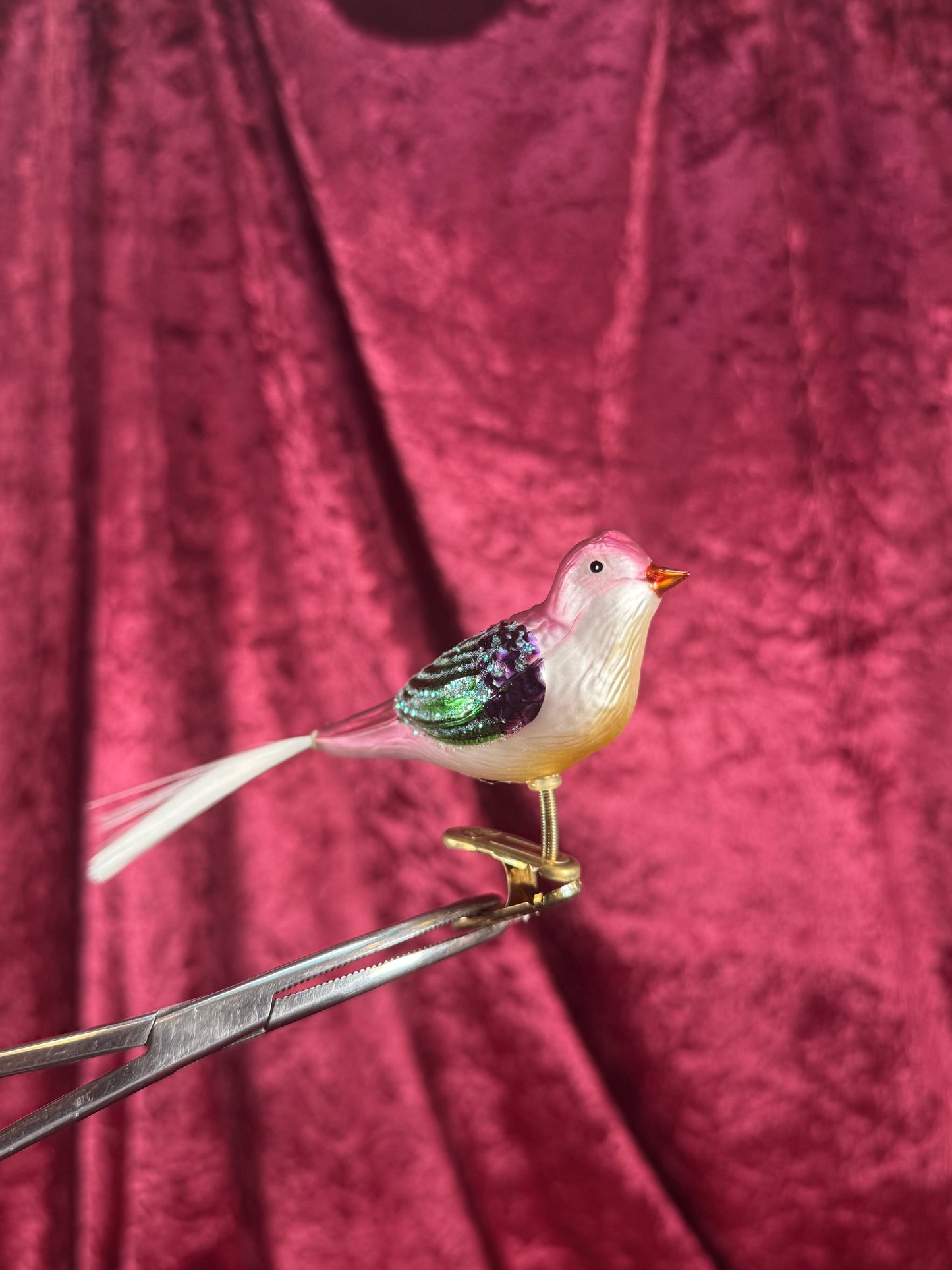 Vintage Christmas - Handblown Glass Clip On Ornament - Pink and Green Bird with Nylon Hair Tail