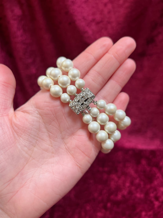 Vintage Jewelry - 3-Strand Bracelet - Faux Pearls with Rhinestone Clasp - 7.5"