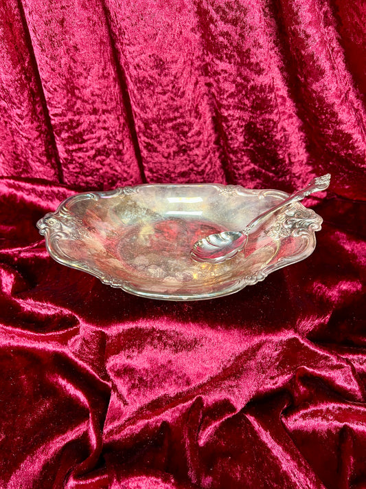 Vintage Kitchen - Curved Serving Dish with Spoon - Silver Metal  - Ornate Floral Edge