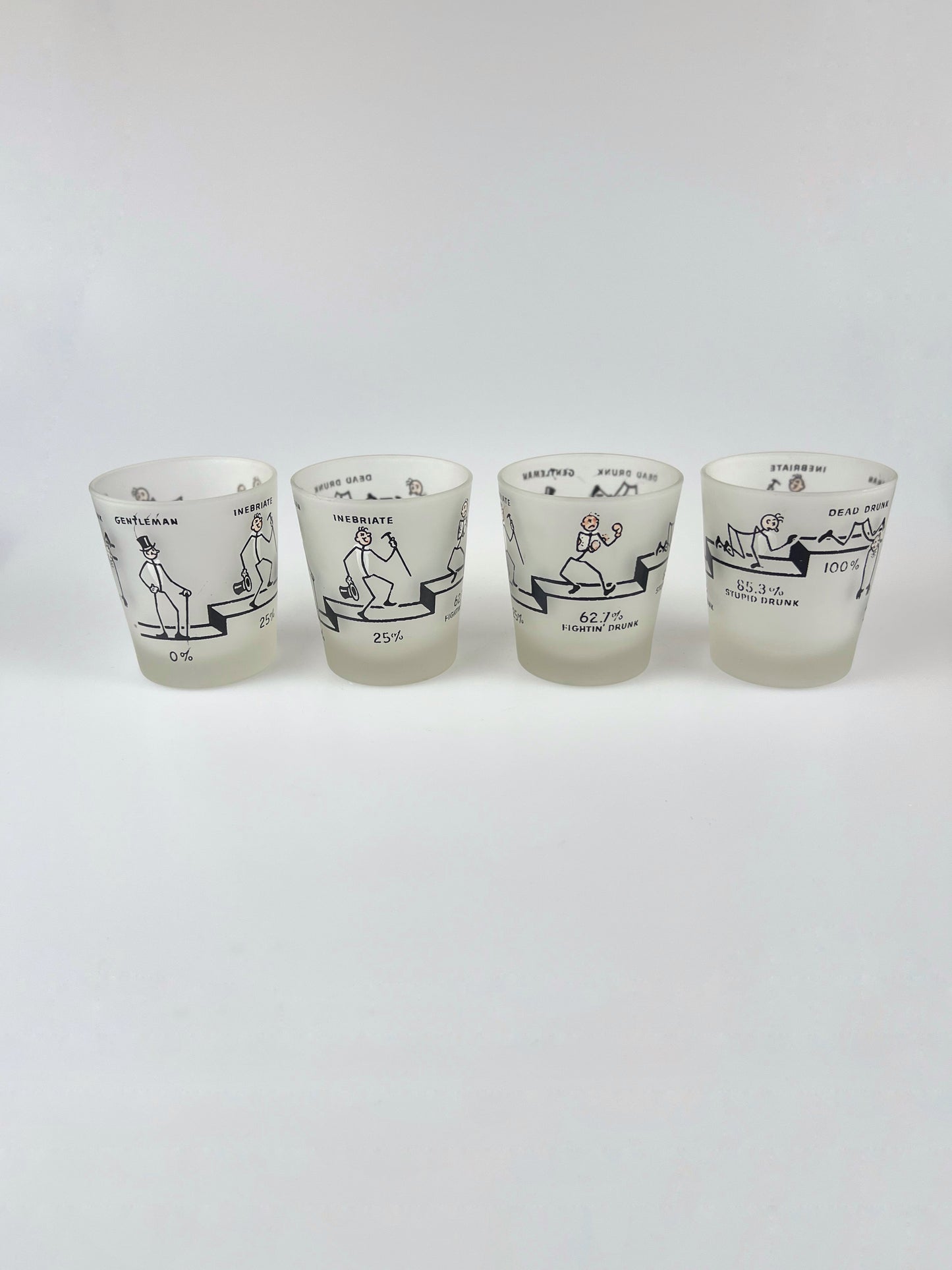 Humorous Vintage Frosted Glass Lowball Tumblers - 100% Dead Drunk - Set of 4