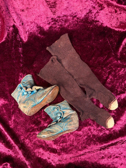 Antique Leather Baby Shoes / Boots – Edwardian Button Up High Tops in Teal