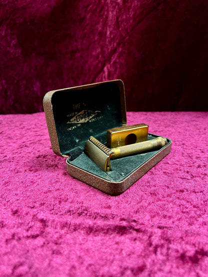 Vintage Gold Tone Brass Safety Razor – Gillette Travel Shaving Set with Case