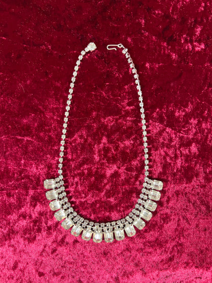 Vintage Jewelry - Collar Necklace - Silver Tone Metal - Baguette and Round Rhinestones - 15.25”