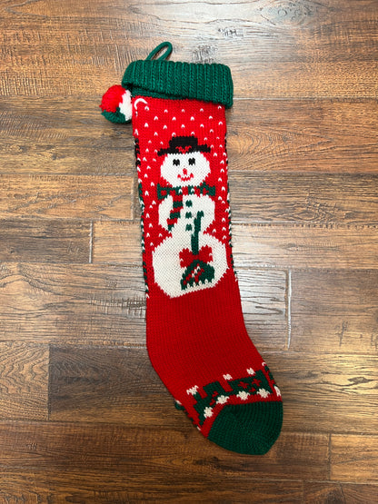 Vintage Christmas - Knit Stocking - Snowman on Red