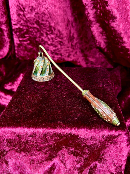 Vintage Brass Enamel Candle Snuffer - Jeweled Green Victorian Revival
