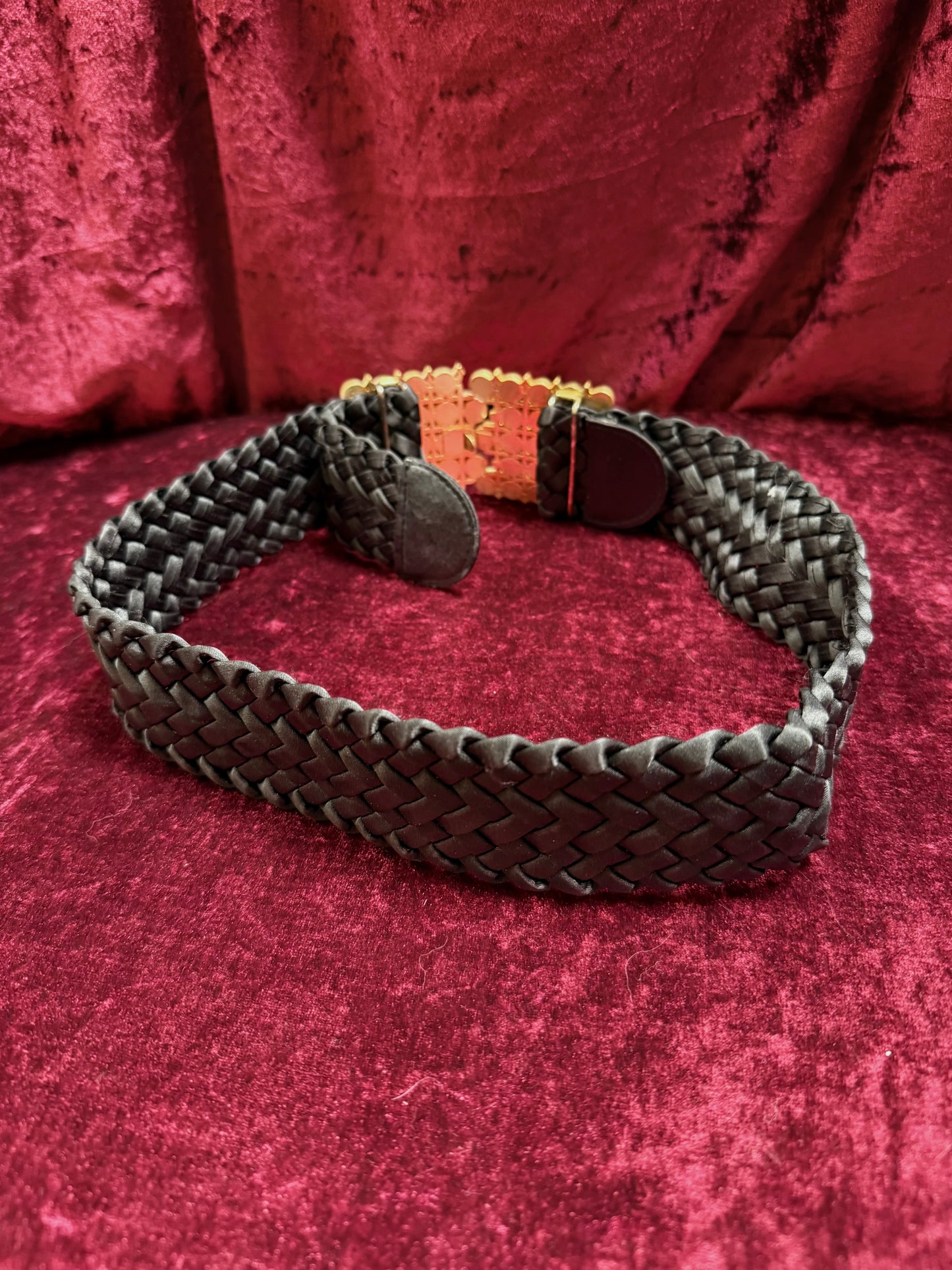 Vintage Accessories - Rainbow Gemstone Belt Buckle on Woven Black Belt - 27”