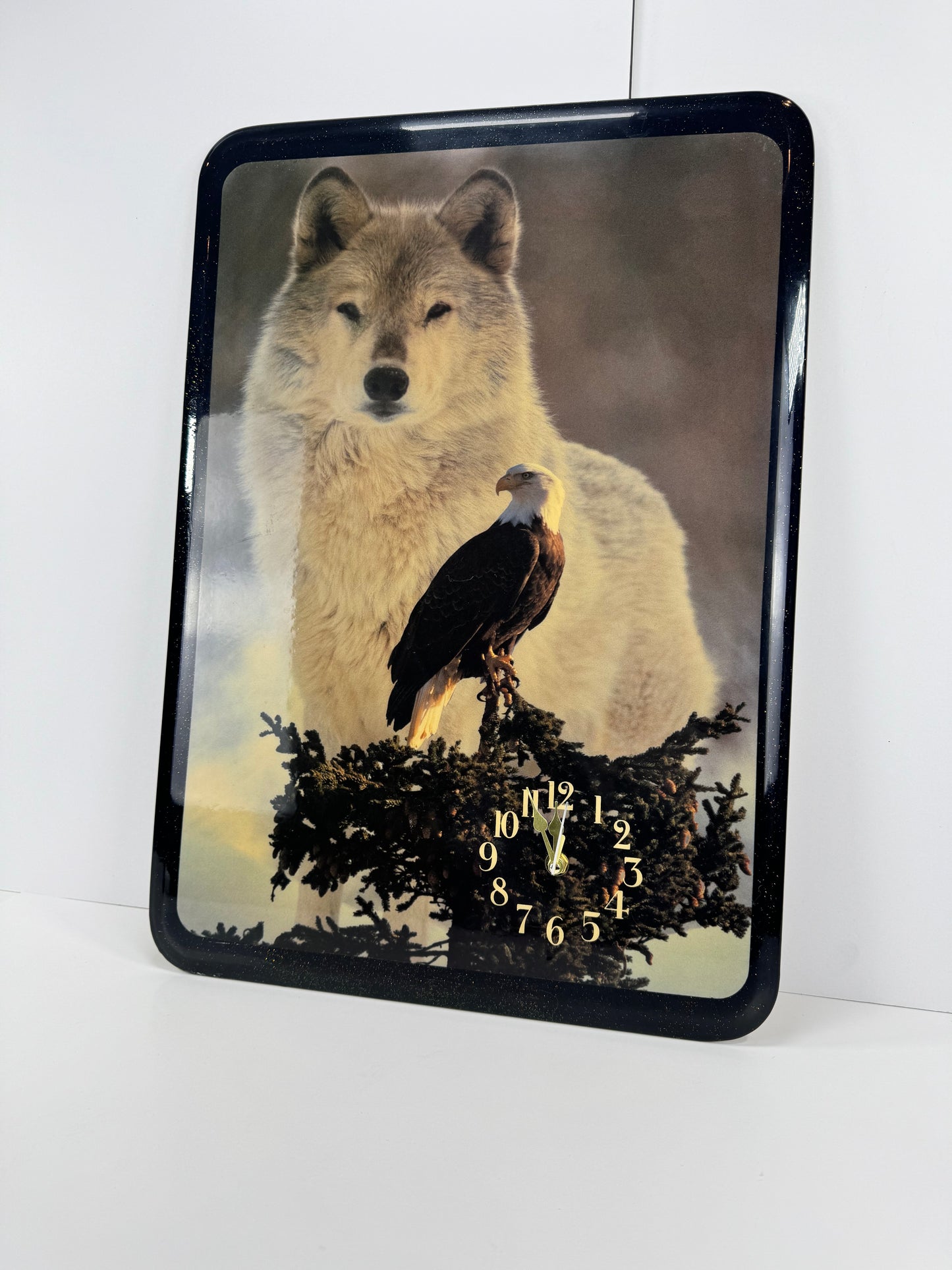 Vintage Wall Clock Resin Art - Wolf and Eagle Black Glitter