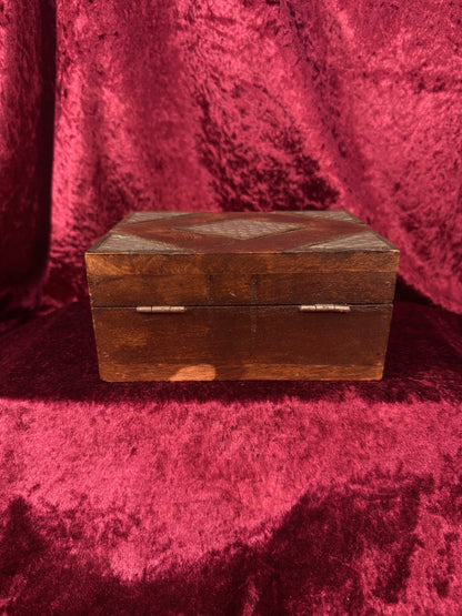 Vintage Dark Wood Trinket Storage Box – Geometric Metal Inlay - Lockable Lid