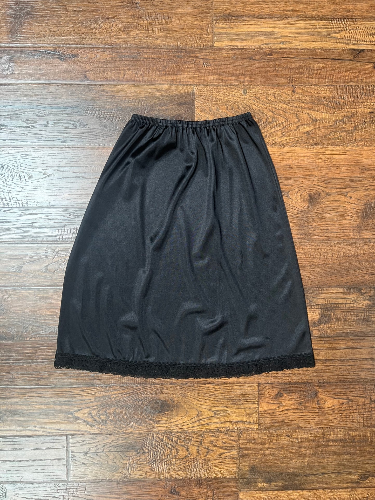 Vintage Clothing - Above Knee Skirt Slip - Black Satin with Lace Hem - X-Small - Vanity Fair
