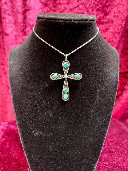 Vintage Jewelry - Pendant Necklace - Sterling Silver - Zuni Turquoise Cross
