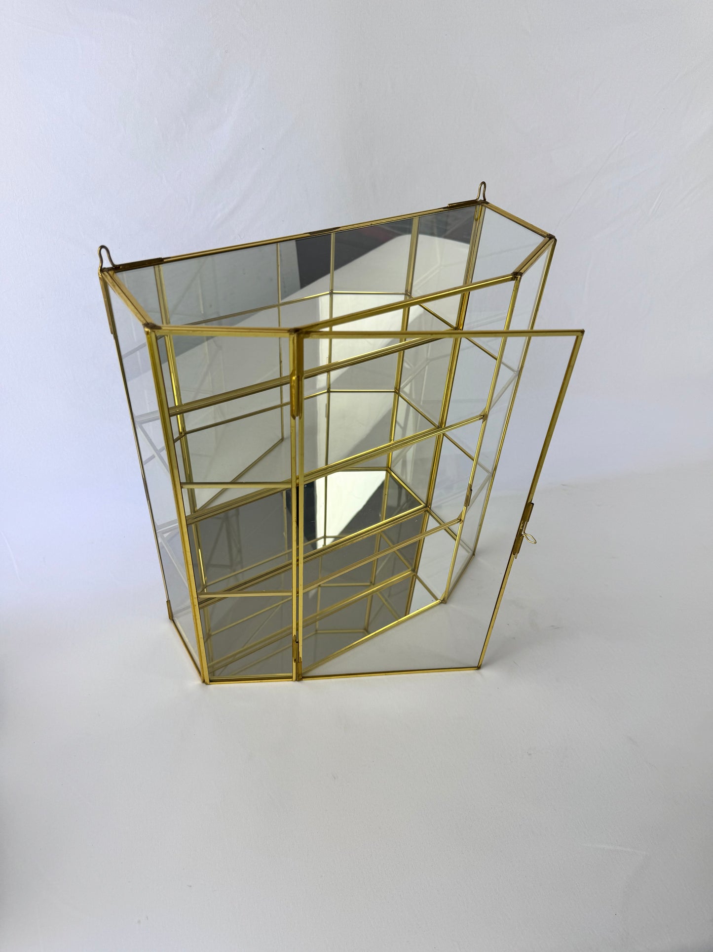 Vintage Mirrored Brass & Glass Wall Hanging Curio Cabinet - Large